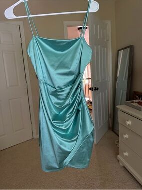 Windsor Satin Cowl Neck Mini Dress in Teal Aqua